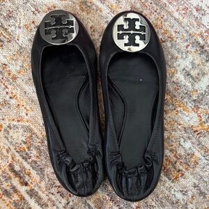 Tory Burch Black Flats with Silver Logo